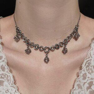 Gothic fairy purple caged pearl chainmail choker necklace with a small silver ch